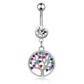 Polished stainless steel belly ring with colorful tree of life pendant and crystals - Multicolor Tree Of Life JE0070B