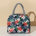 Insulated tropical hibiscus flower lunch bag with grey handles and top zipper - Navy Banana Leaf M22