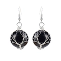 Detail of handmade wire wrapped tree of life earrings with black natural crystal stones - Obsidian