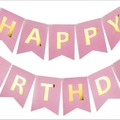 Pink Happy Birthday party banner with gold foil letters for celebratory decorations - Thick Fishtail Banner
