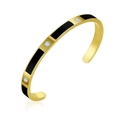 Luxurious gold stainless steel open bangle with black enamel and zircon accents - Black Style (B2007-GO-BL)