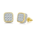 Macro shot of hip hop square stud earrings with pave zircon and threaded screw backs - Matrix Square Gold