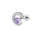 Pendiente helix de luna creciente plateada y corazón de circón púrpura con rosca - Pieza Única / Morado