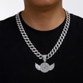 Detail of silver iced-out wing pendant with cubic zirconia on a thick cuban link chain - Silver Pendant With 18inch Cuban Chain (45CM)