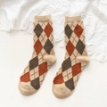 Khaki wool blend crew socks featuring vintage red and grey argyle pattern for winter - One Size / Khaki