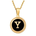 Titanium steel gold necklace featuring a round black enamel pendant with letter Y - Gold Y (With Chain)