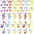 Detailed grid of 30 colorful music note embroidered patches with stitch texture - Full Music Symbol Collection
