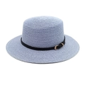 Detail of light blue straw hat featuring flat top and black leather band with gold buckle - M (56-58cm) / Sky Blue
