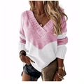 Women's V-neck knit sweater featuring a stylish pink and white color block design - Striped Pink