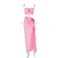 Detailed view of pink two-piece set with 3D rose tube top and side slit ruffle skirt - XS / Pink