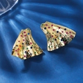 Exaggerated wavy 18K gold plated earrings with multicolored rhinestones on blue silk - 18K Gold + Multi-color Zirconia
