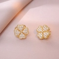 Clover stud earrings in golden finish with sparkling pave set white zirconia stones - Gold Earrings / Gold