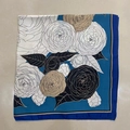 Blue border square silk scarf featuring a white camellia floral pattern and satin finish - Blue Peony Square Scarf / 65