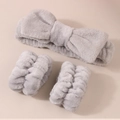 Grey coral fleece wash set featuring a large bow headband and elastic wristbands - Grey - 3-piece Set (wrists Have 3 Hand-stitched Seams)