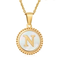 18K gold plated necklace featuring a round mother of pearl pendant with golden letter N - Gold Letter N