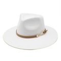 White wool felt fedora hat with wide brim, brown leather band and gold metal buckle - M(56-58cm) / White