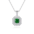 Elegant S925 silver necklace with square emerald pendant and double halo crystal accents - 925 Silver / Emerald