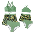 Conjunto de trajes de baño madre e hija con tops verdes y faldas de tul con limones - S / Juego de 3 piezas verde militar