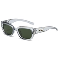 Retro square sunglasses with transparent gray frames and green lenses in a 45-degree view - Grey Frame Green Lens