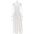 Elegant white lace halter neck midi dress with floral embroidery and open back - S / White