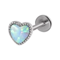 Roestvrijstalen labret piercing met hartvormige opaal en kralenrand afwerking - 1.2x6mm / OP17 (Wit Iriserend)