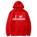 Red 'I Love My Girlfriend' hoodie with heart print and thick knit fabric finish - S / Tops / Red