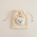 Corduroy drawstring storage pouch in beige featuring a cute plush bear patch - Off-white (White Bear)