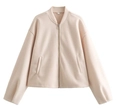 Detail shot of beige fleece zip-up bomber jacket collar with size S label and soft texture - S / Off White