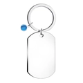 Detail of rectangular stainless steel tag keychain with blue crystal charm and silver ring - Blue Crystal Charm