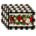 Set of 4 Christmas placemats with buffalo check borders and festive ornaments - Black and White Plaid Christmas Ball (Pack of 4)