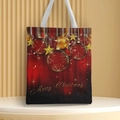 Close-up of canvas handbag with Merry Christmas print and festive golden star patterns - Style 47
