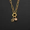 14K gold plated stainless steel initial Y necklace featuring a pink square stone pendant - Letter Y (XNL0097)