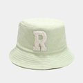 Detail of the light green terry cloth bucket hat featuring a white plush letter R patch - M (56-58cm) / Fluorescent Green
