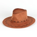 Détail d'un chapeau de cowboy vintage avec coutures croisées en cuir noir et œillets en métal - Réglable / Khaki Foncé