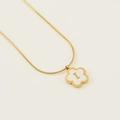Minimalist stainless steel necklace with white five-petal flower and golden letter I pendant - Letter I