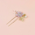 Forcina a U con fiori viola, foglie dorate, perle e strass per acconciature - Forcina a 1 fiore / Viola