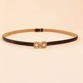 Women's black slim belt with double gold square buckles and elegant pearl details - 19288 Black/Pearl Square Buckle
