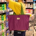 Foldable purple and green eco-friendly oxford shopping bag with a durable leather label - M Purple