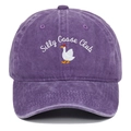 Detail of Silly Goose Club embroidery on a vintage washed purple cotton baseball cap - Purple