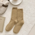 Plush khaki mid-tube socks in thick faux mink fleece for home comfort and winter warmth - One Size / Light Coffee