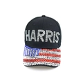 Detalle de gorra de béisbol Harris con pedrería y patrón de bandera americana - Ajustable / Negro