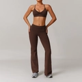 Women's chocolate brown yoga set with V-neck sports bra and flared high-waist pants - S / Bra + Flare Pants / Coffee