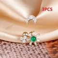 3PCS silver celestial earring set with moon, sun and green zircon on silk backdrop - Silver (E1548)