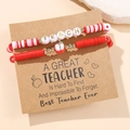 Teacher gift bracelet set featuring red clay beads, apple charm and TEACH lettering - Pink Red White 2Pcs Set-TEACH APPLE