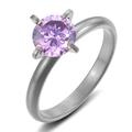 Sleek stainless steel ring featuring a large round faceted purple zircon in a 4-prong setting - Steel Color/Purple Zirconia