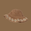Handmade brown straw sun hat with beige and black wavy trim on a solid brown background - L (58-60cm) / Bird Embroidery Khaki
