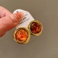 Retro amber marble resin round stud earrings with golden textured metal spiral edges - 24# Silver Needle-Gold-Coffee-Round
