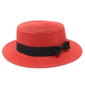Dettaglio della trama di un cappello di paglia rosso con nastro in gros-grain e fiocco - S (54-56cm) / Rosso