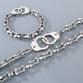 Silver tone bamboo chain jewelry set with handcuffs link necklace and bracelet - Handcuff Clasp / 10mm Wide 21cm Bracelet / Steel