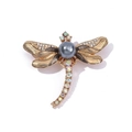 Detailed close-up of dragonfly brooch featuring gray pearl and colorful rhinestones - Style 15